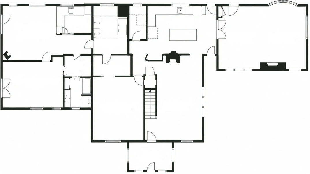 Ground floor: the main house with kitchen, dining room, living room, family room, primary bedroom with ensuite, and entry, plus the attached guest suite with its own kitchen, sitting room, bedroom and bath.